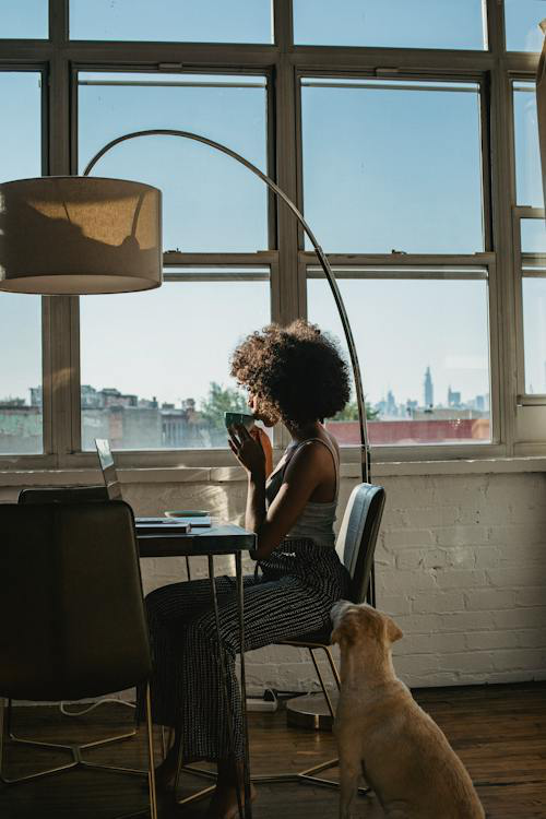 A Black woman freelancer working on a laptop at a table with a dog resting at her feet